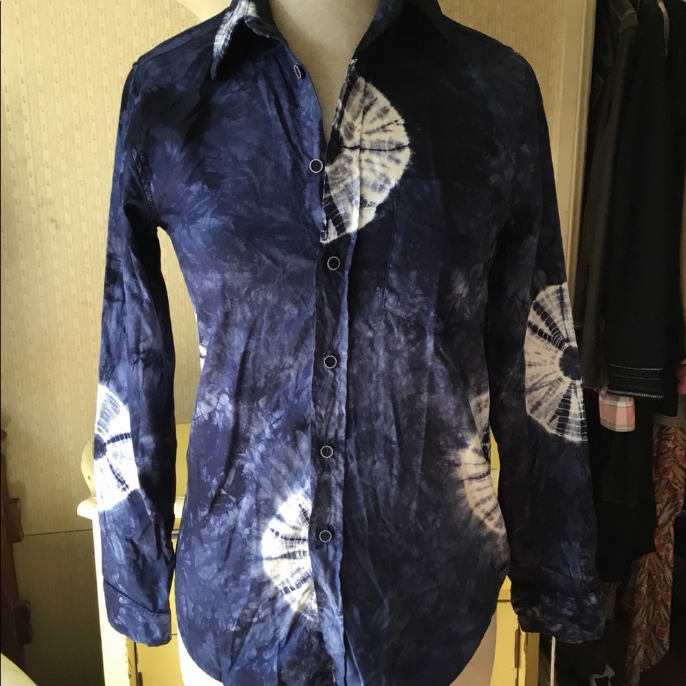 MOTHER denim blue and white tie dye button shirt S - Picture 2 of 7